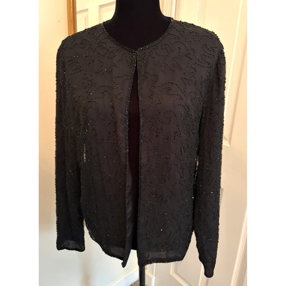 Vintage Silk Beaded Sequin Dress Jacket‎ Black Large Open Front Cardigan Glam